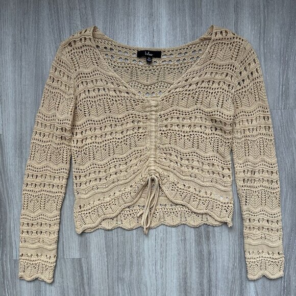 LULUS Only Yours Beige Sheer Crochet Ruched Sweater Top XS (ONLY WORN ONCE!) - Picture 5 of 8